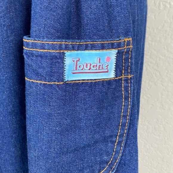 Vintage 80s Touché Blue Denim Jean Apron Overall Dress with Belt - Picture 5 of 8